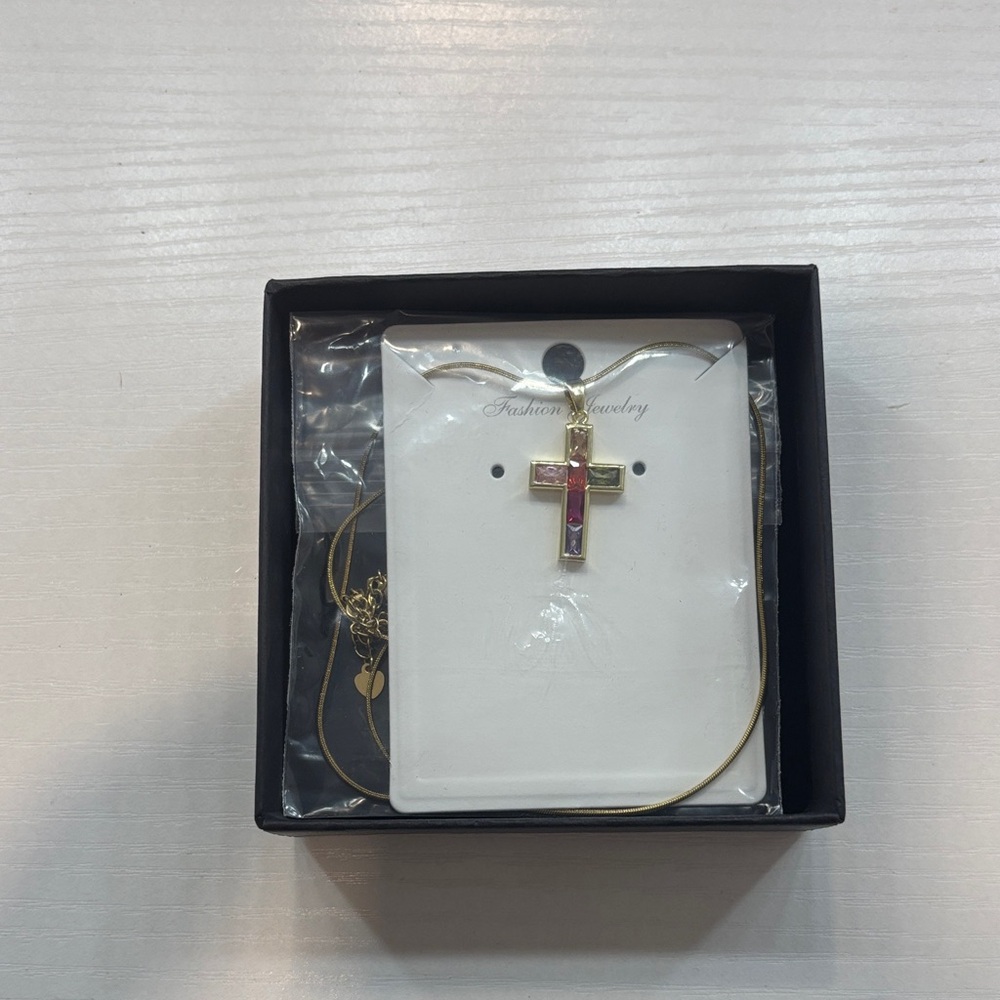 Gold Cross Necklace with Pink Accents